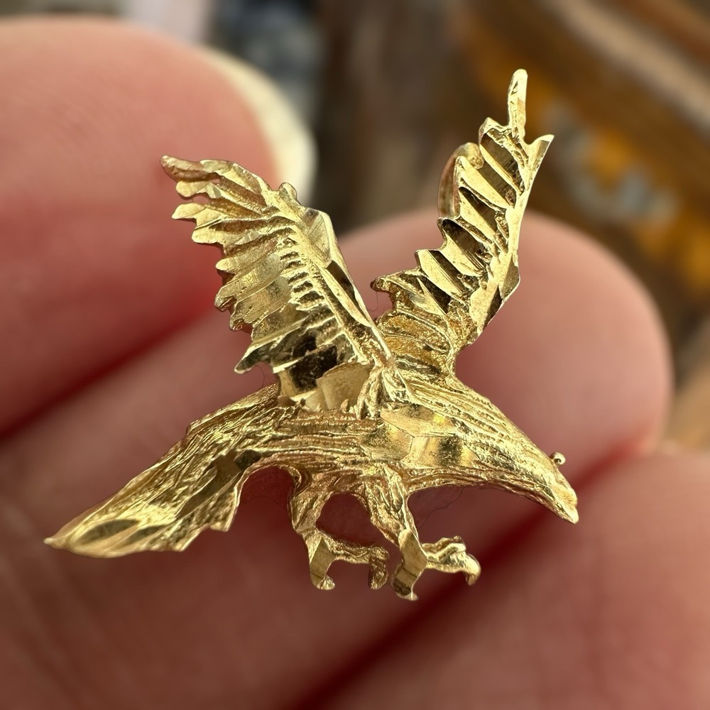 Vintage Bald Eagle Slide Pendant 0.75 Inch Diamond Cut‎ 14K Yellow Gold 1.0g
